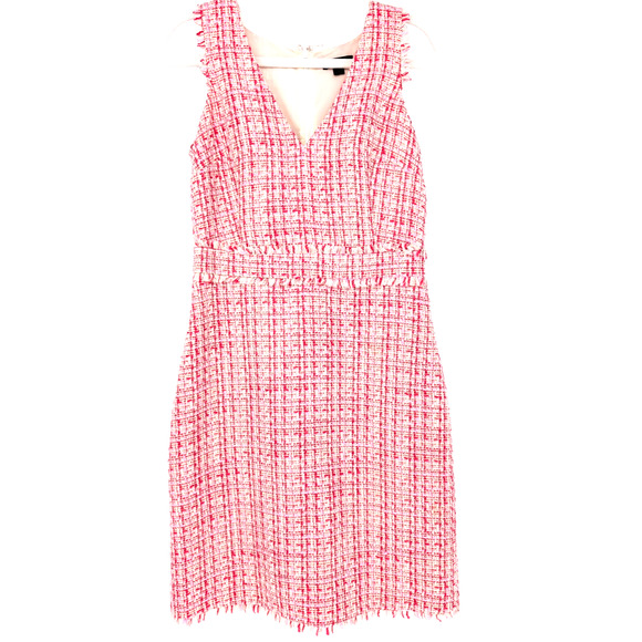 J Crew Pink Red Tweed Preppy Classic V Neck Metallic Thread Fringe Trim Dress 4 - Picture 1 of 12